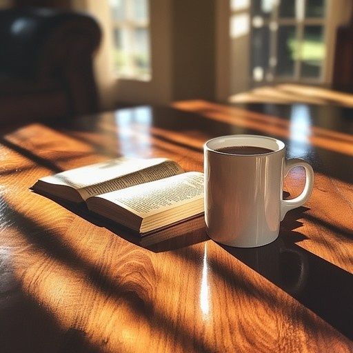 Åben bog og kaffekop på et solbeskinnet træbord