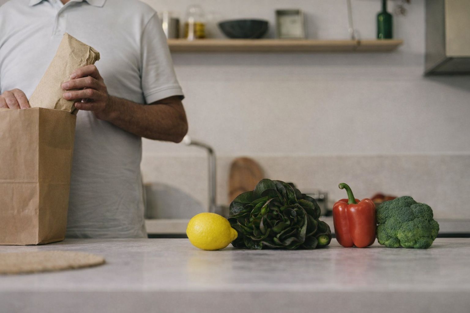 Friske grøntsager på køkkenbordet og mand der pakker varer ud.